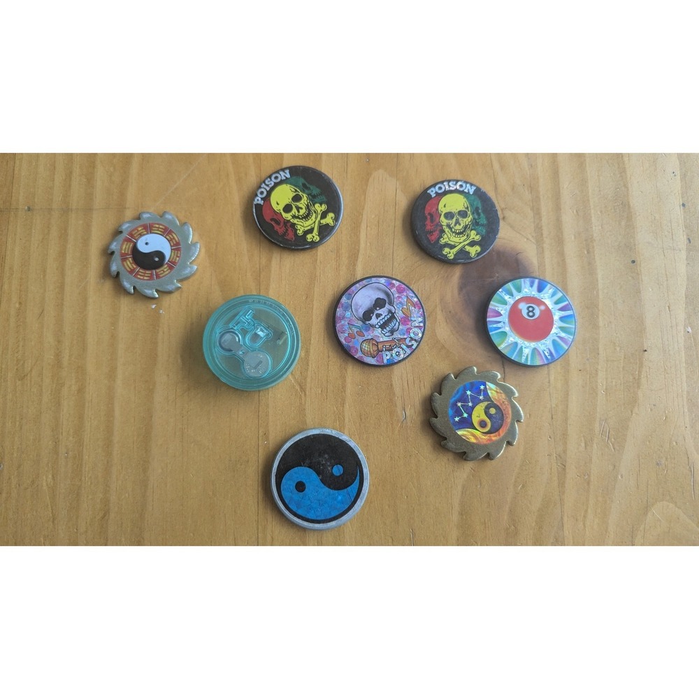 Vintage 90s Pogs Slammers Lot Yin Yang Poison Skull 8-Ball Metal Sawblade 8pc